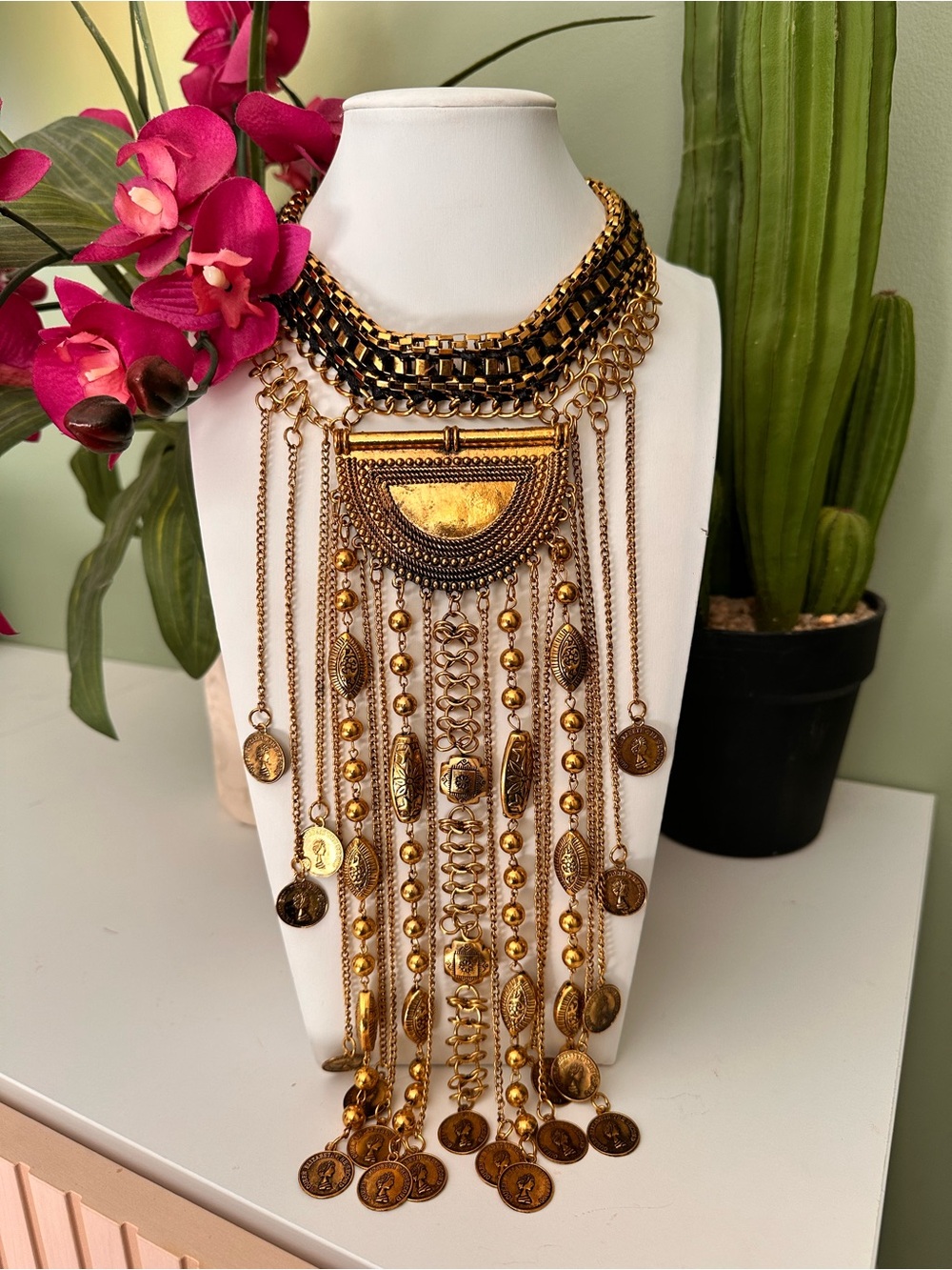 Cleopatra Rainfall Gold Statement Fringe Necklace - Women Jewelry